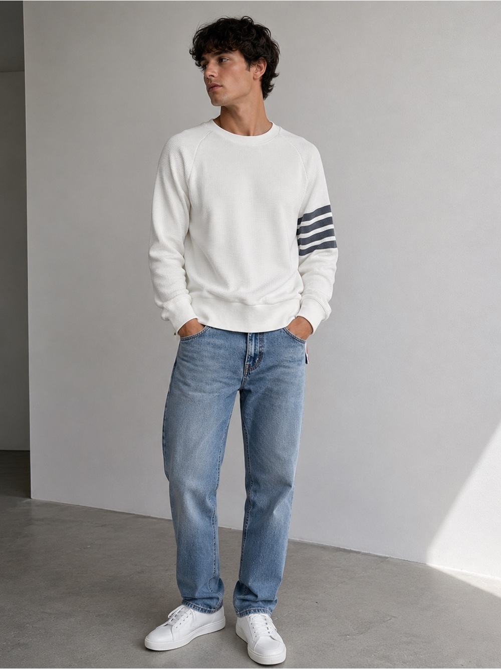 Thom Browne 4-Bar Waffle Knit Crewneck Sweatshirt White 4 Neck Label Removed